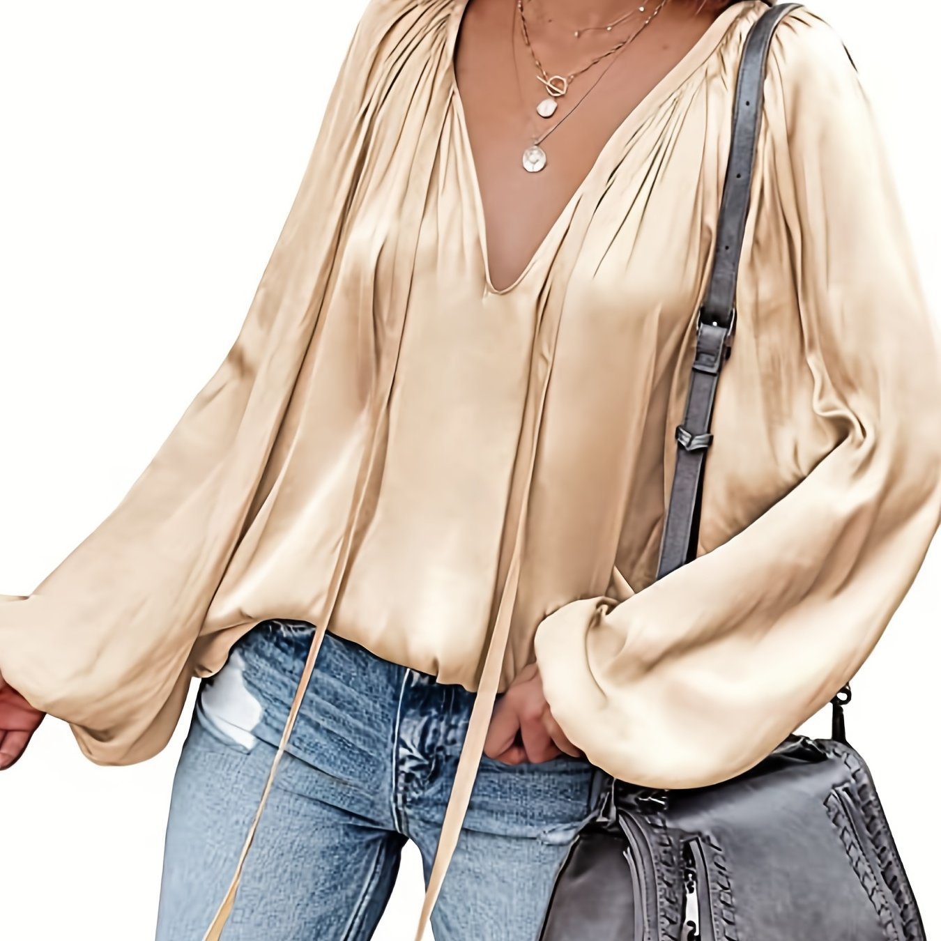 Women's Satin V-neck Long Sleeve Shirt Casual