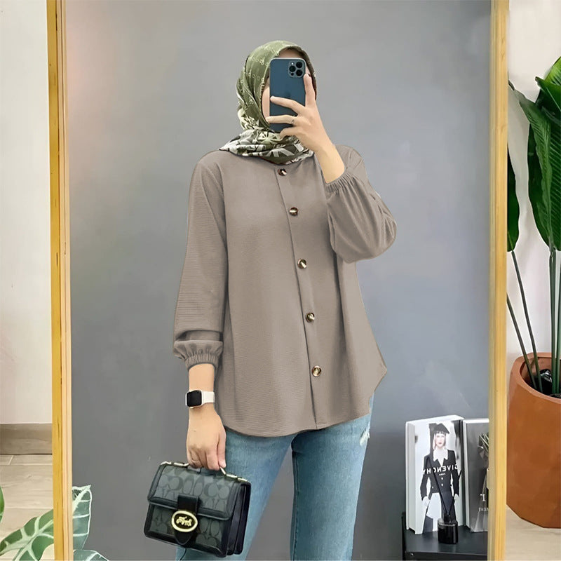 Muslim Ice Silk Wrinkle Stand-up Collar Literary Vintage Cardigan Loose Shirt Women