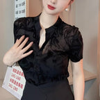 New Summer Black Mesh Short Sleeve Shirt For Women