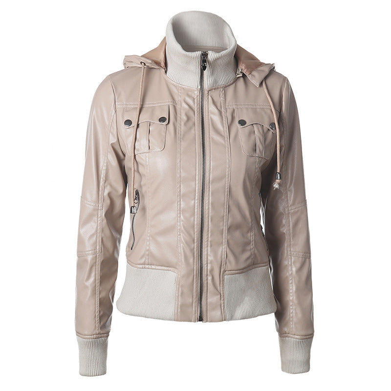 Hooded drawstring high neck zipper PU leather jacket