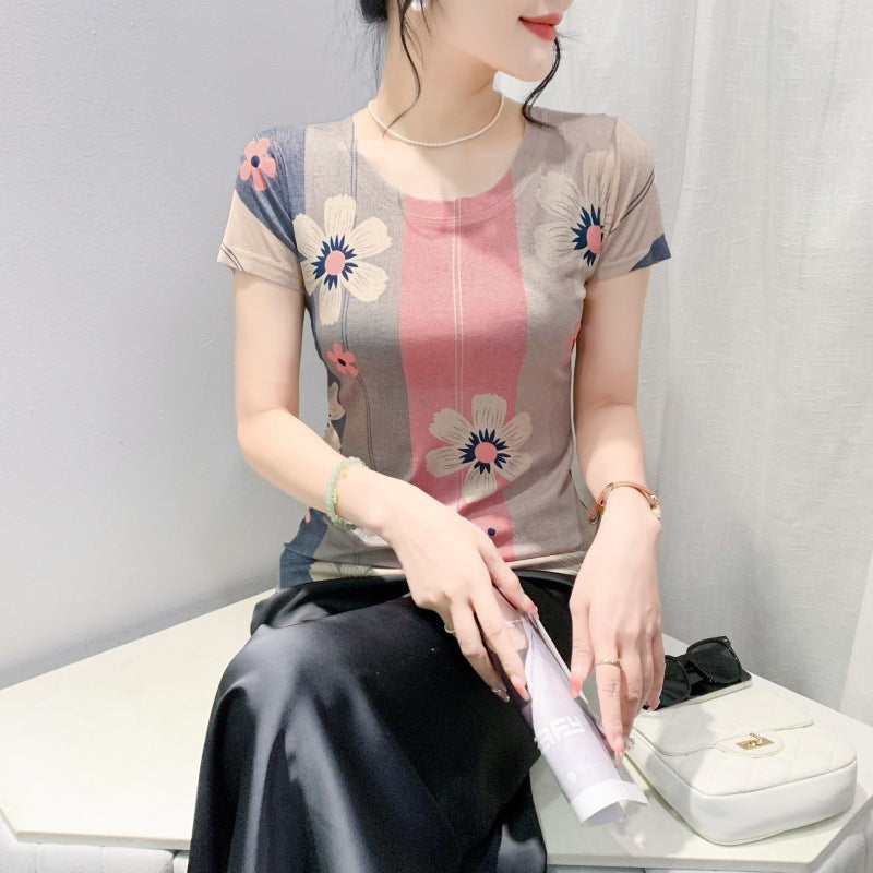Stitching Contrast Color Flower Half-sleeve Slim Fit High Elasticity Undershirt