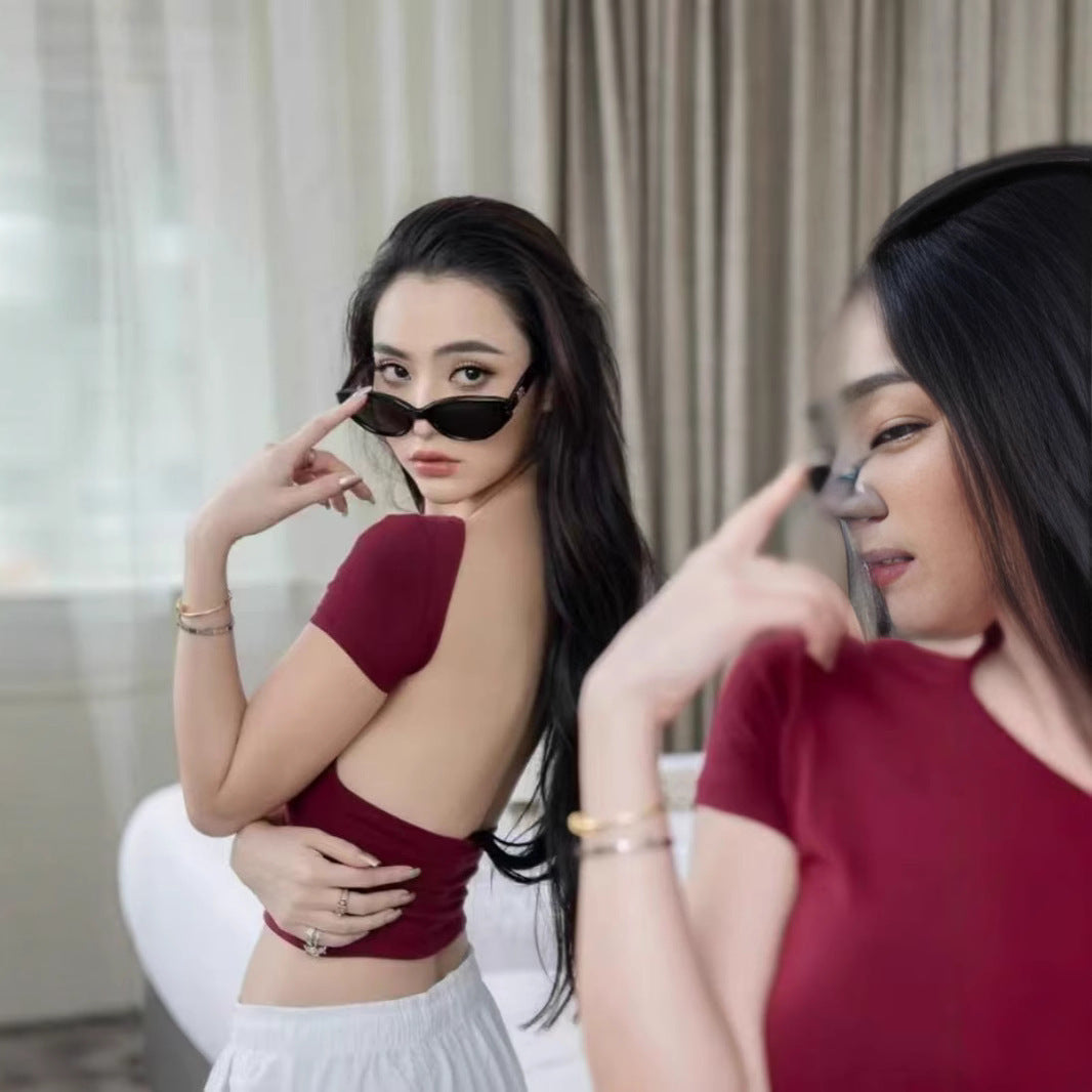 American Sexy Backless Short Sleeve T-shirt Women