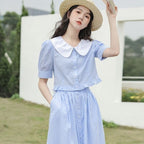 Blue Stripe College Style Skirt Design Two-piece Set