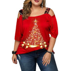 Women's Christmas Tree Print Off-shoulder Loose Short Sleeve Plus Size T-shirt Top