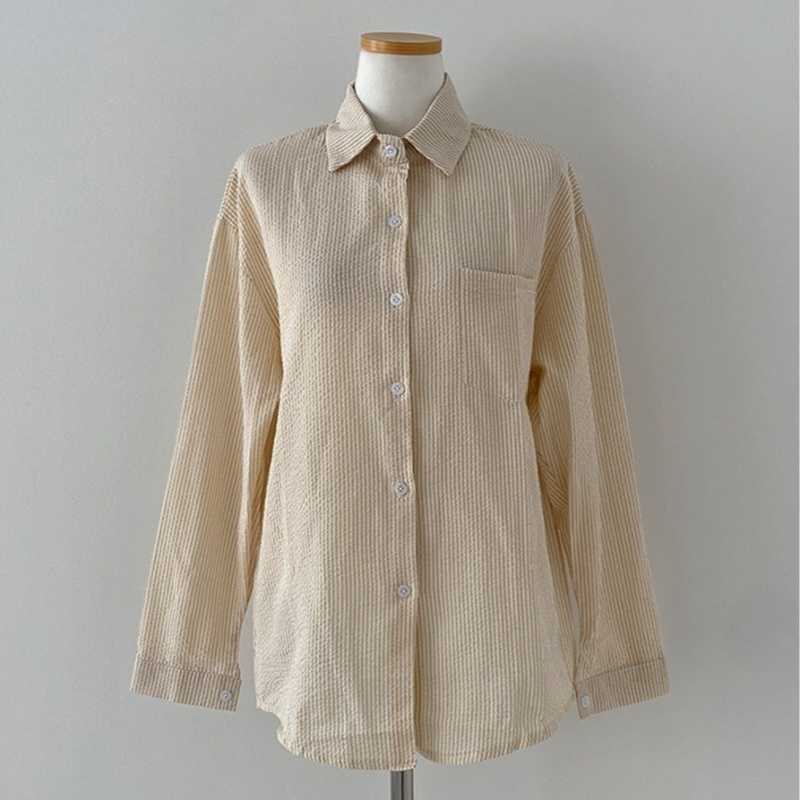 French Classic Striped Pleated Loose Pockets Long Sleeve All-matching Shirt
