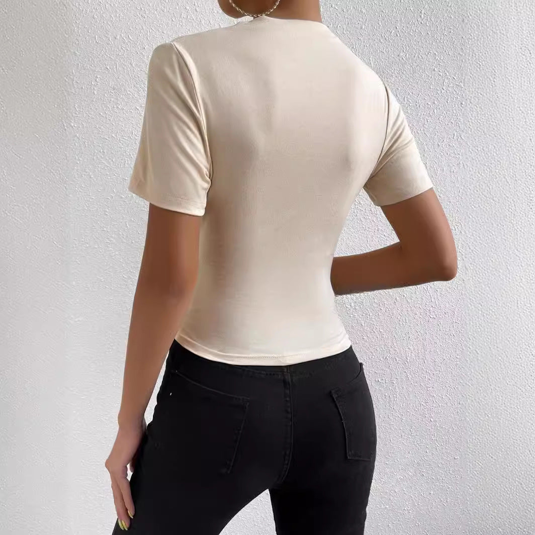 Women's Slim-fit Short-sleeved T-shirt With Small Turtleneck Pleating