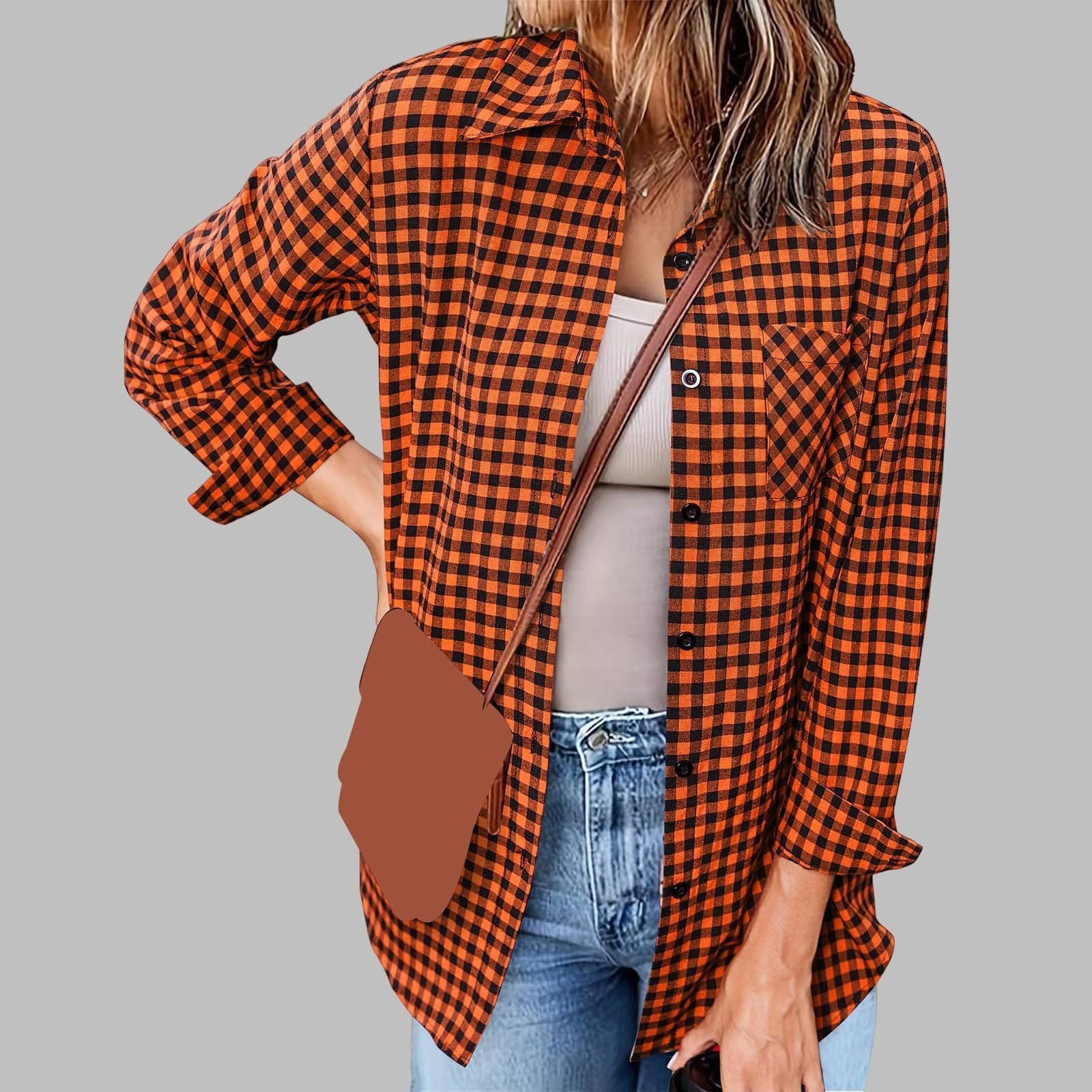 Printed Plaid Lapel Loose Long-sleeve Shirt Plaid Shirt