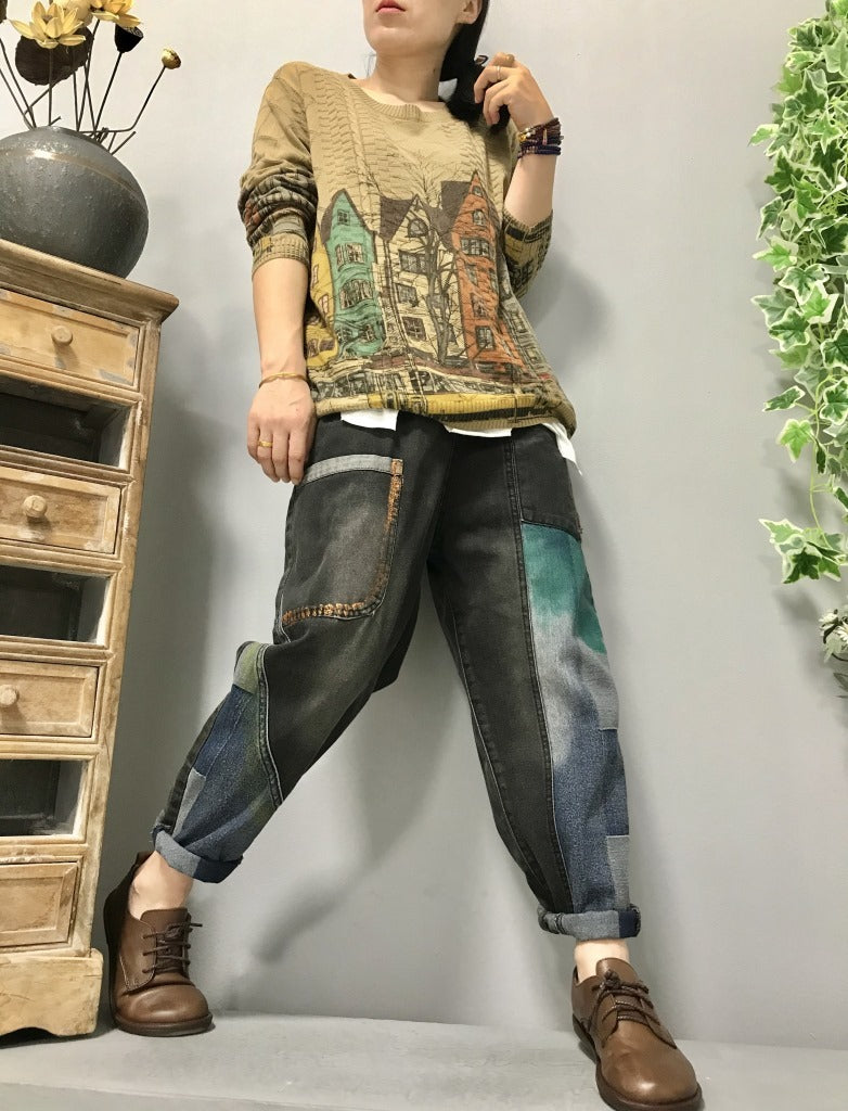 Retro Literary Ethnic Style Painted Ladies Jeans