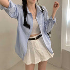 French Classic Striped Pleated Loose Pockets Long Sleeve All-matching Shirt