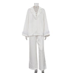 Stitching Design Feather Long Sleeve Lapel Top Casual Trousers Two-piece Set