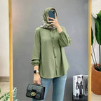 Muslim Ice Silk Wrinkle Stand-up Collar Literary Vintage Cardigan Loose Shirt Women