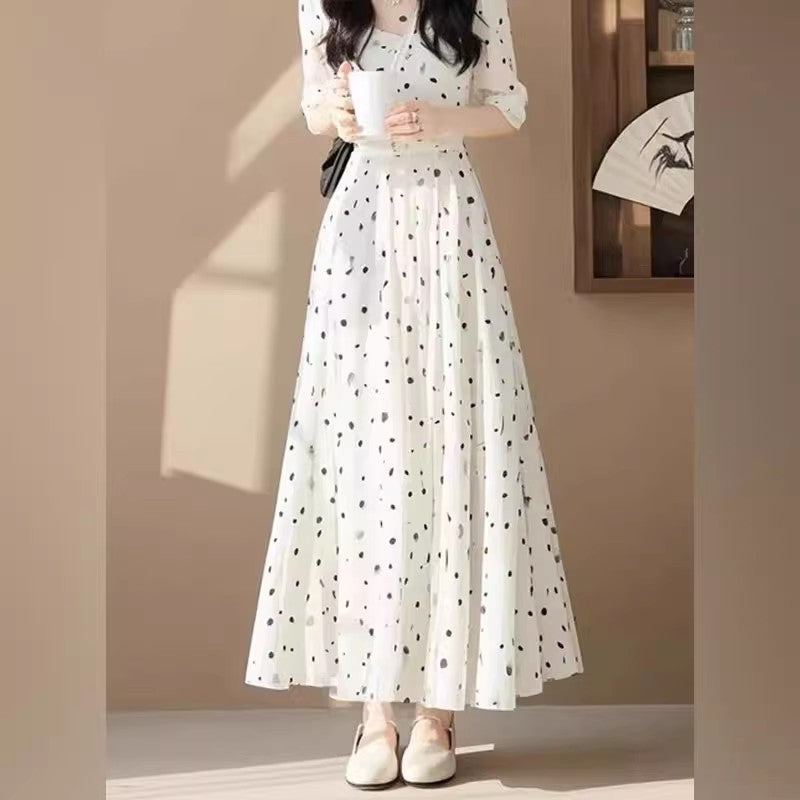 Fashion Polka-dot Cinched French Style Temperament Slimming Mid-length Dress