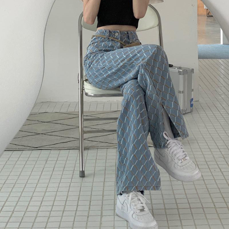 Retro Hong Kong Style High Waist Thin Wide Leg Pants Ladies Jeans