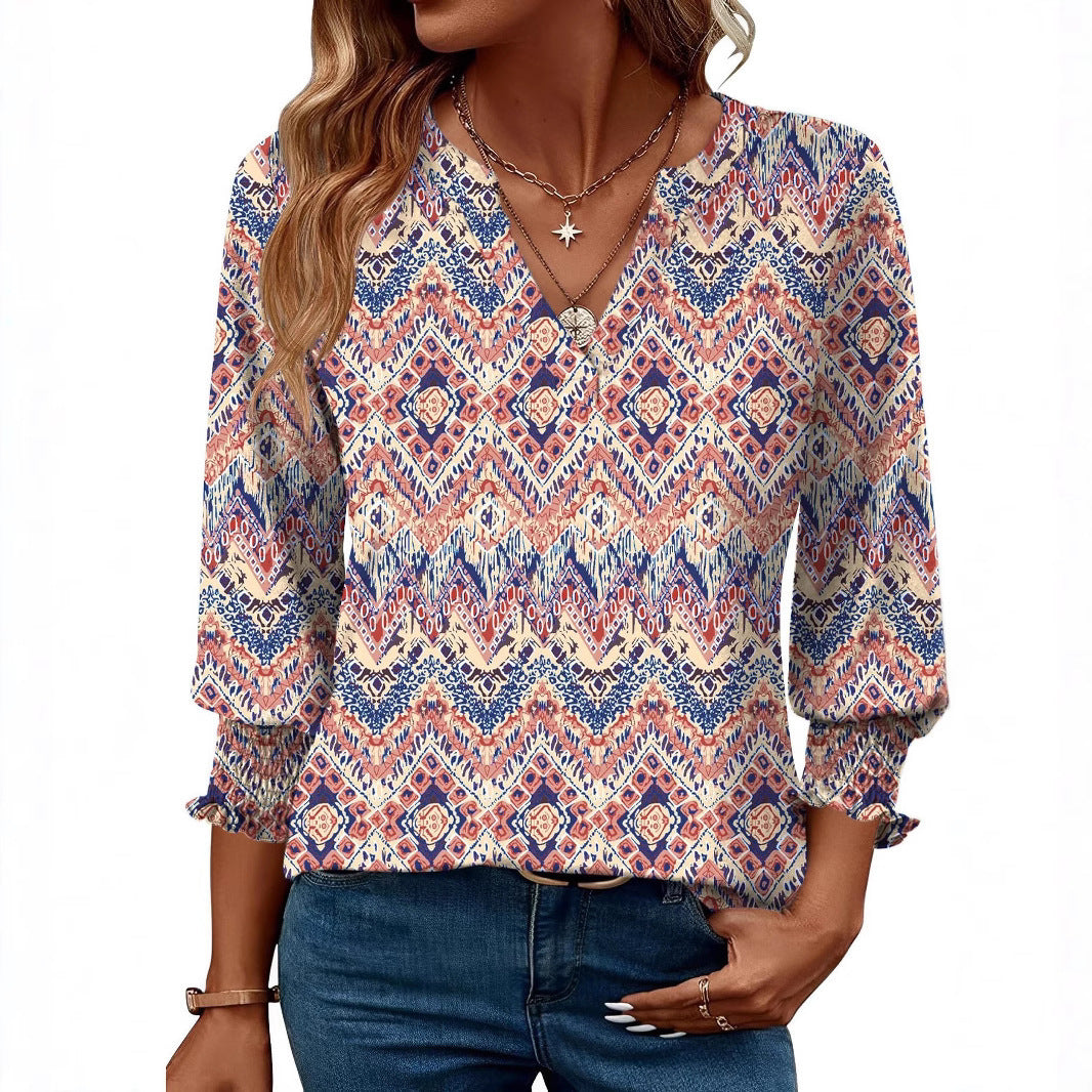 Fashion Tops Three-quarter Sleeve Flower Print Casual Shirt